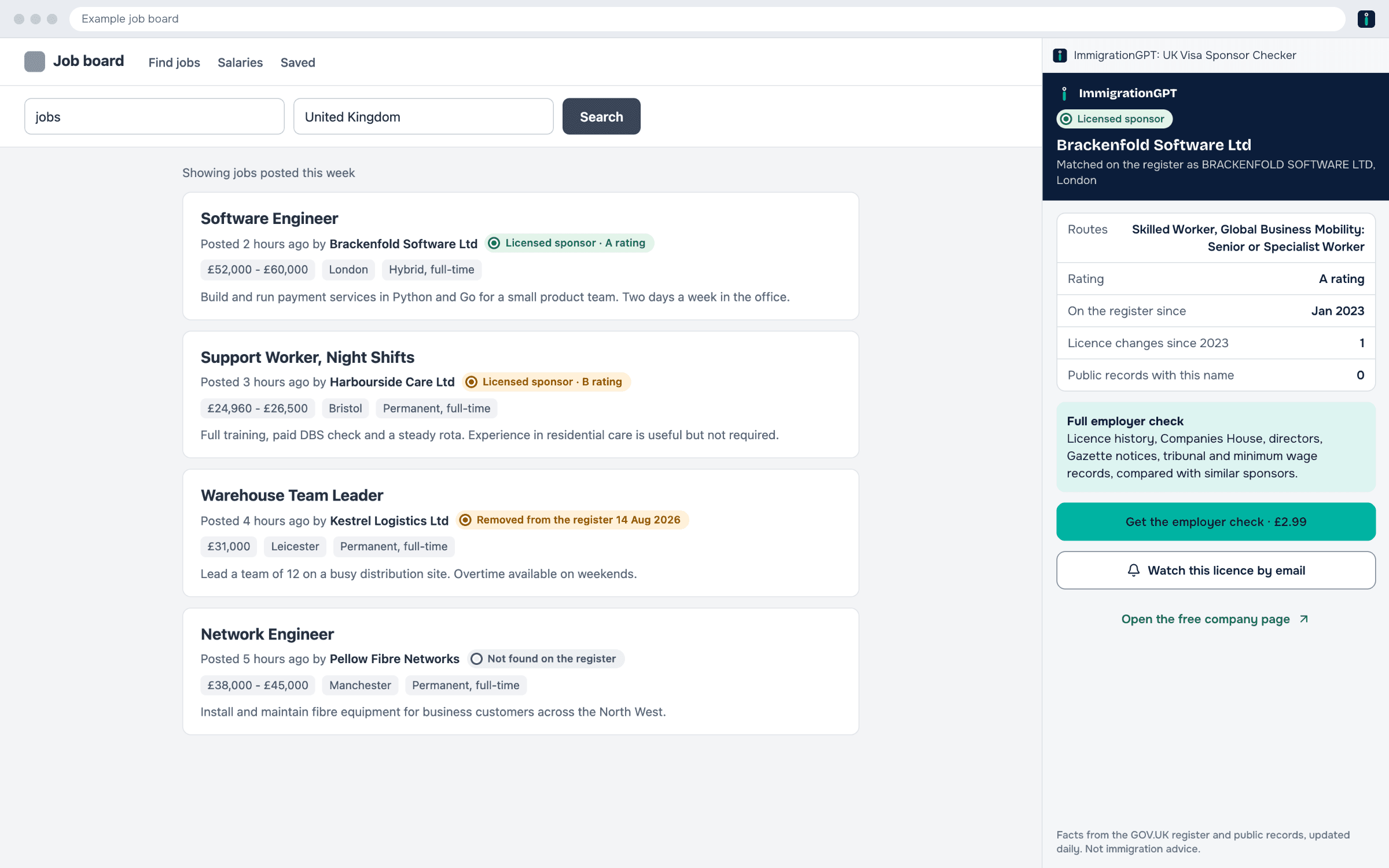 A job list with a sponsor status next to each employer, and the side panel open on one employer