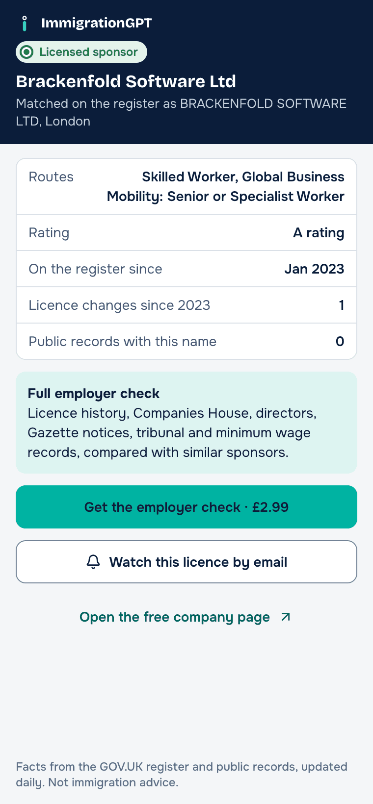 The side panel showing routes, rating, date on the register and licence changes