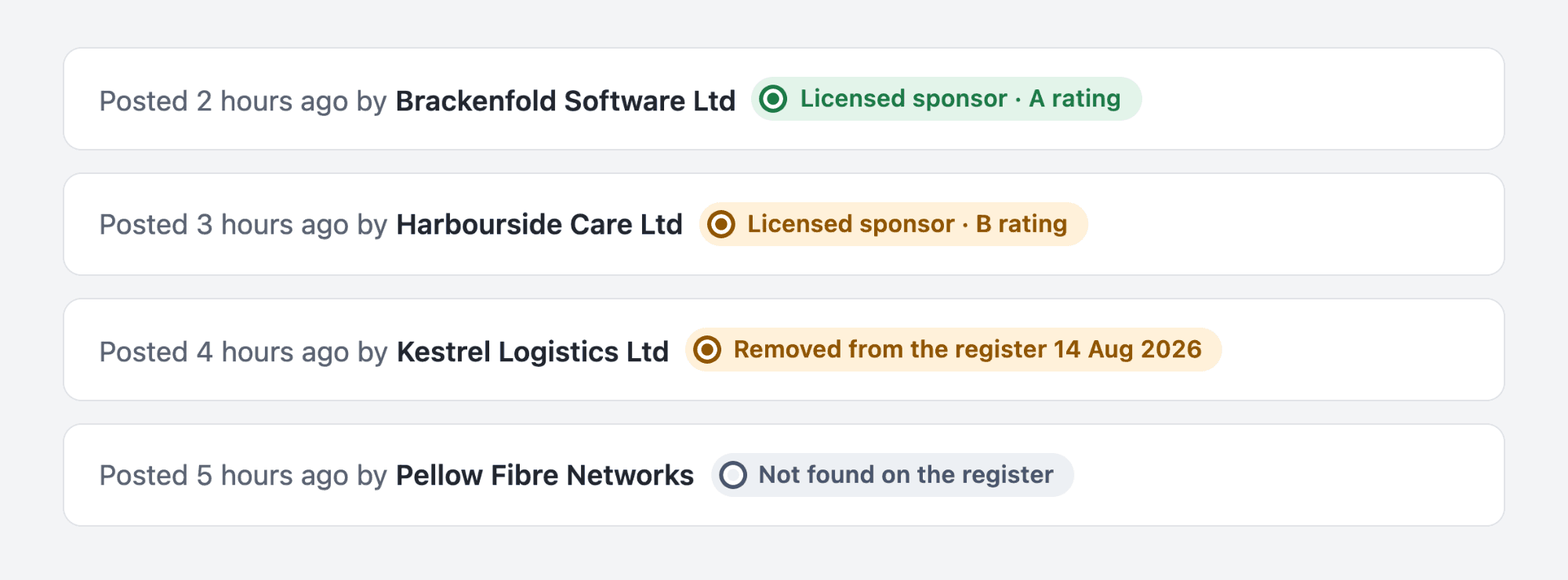 Job rows with the sponsor status next to each employer