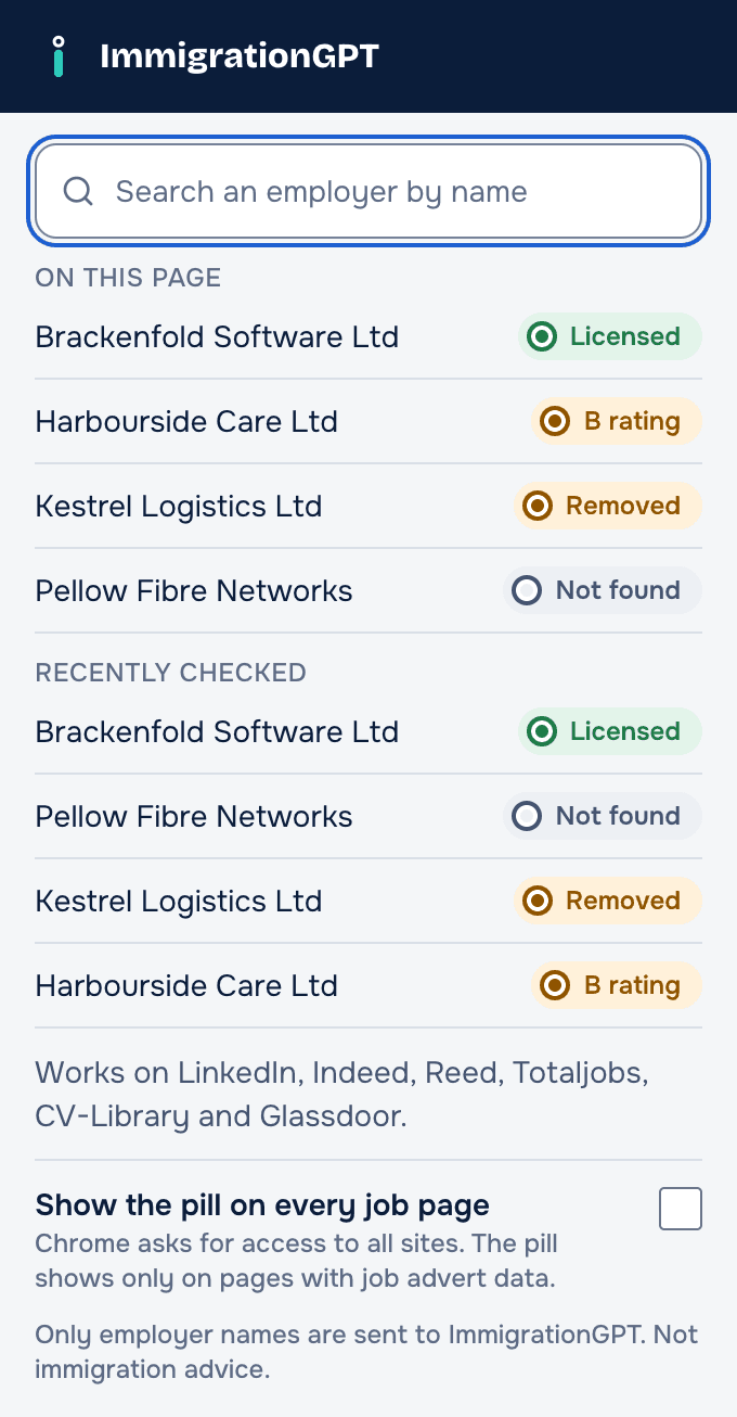 The toolbar popup with a search box, employers on this page and recent checks