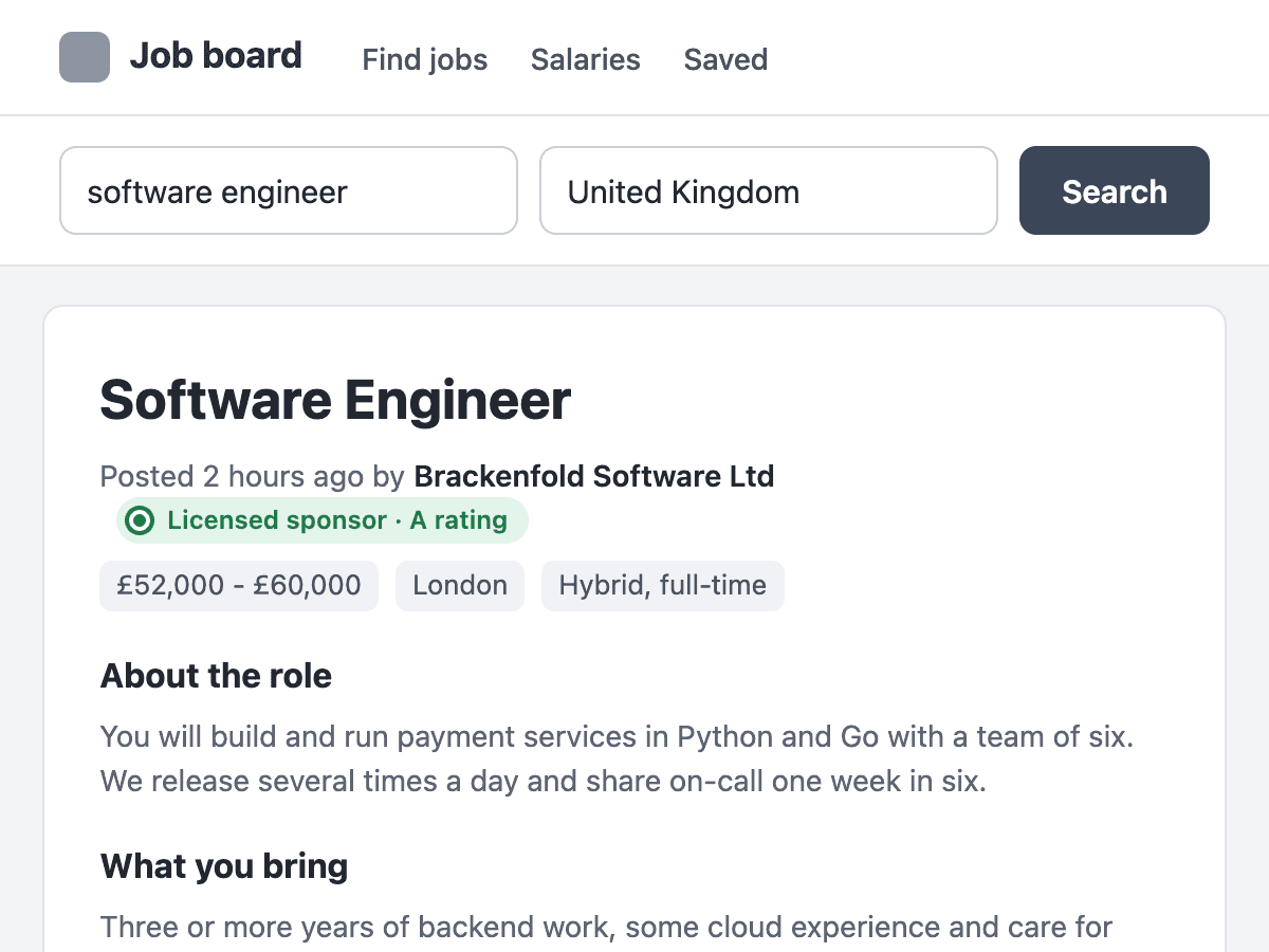 A job advert with a green "Licensed sponsor, A rating" status next to the employer name
