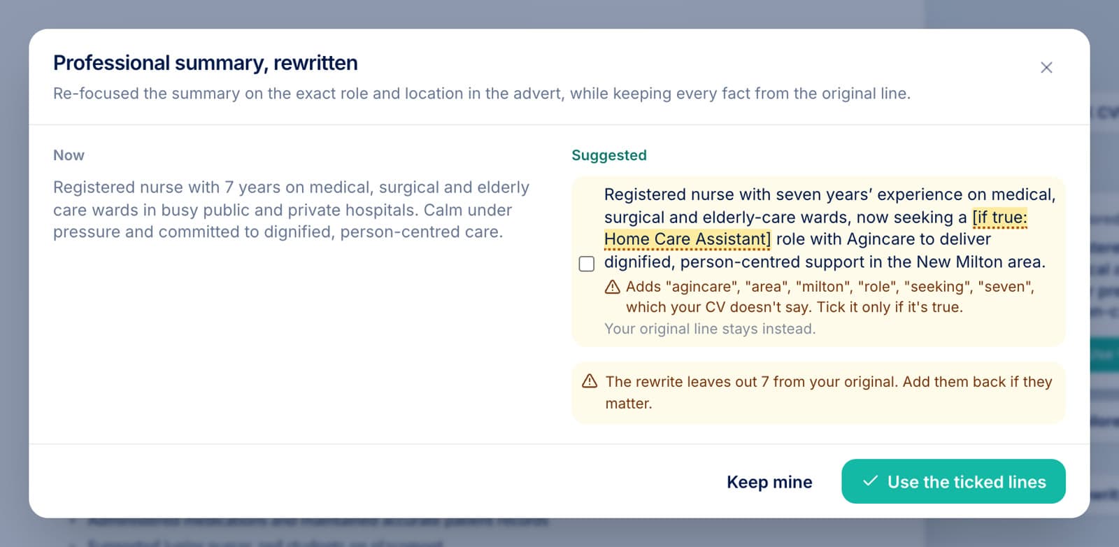 An AI rewrite of a work experience section. A line claiming to lead a team is unticked and flagged because the CV doesn't say it.