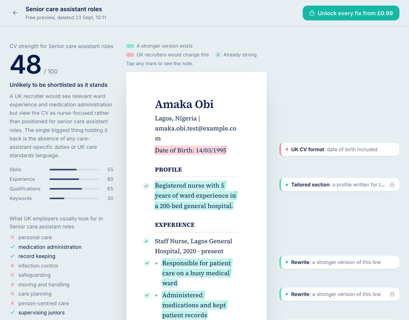 A general CV check for senior care assistant roles, listing what UK employers usually look for