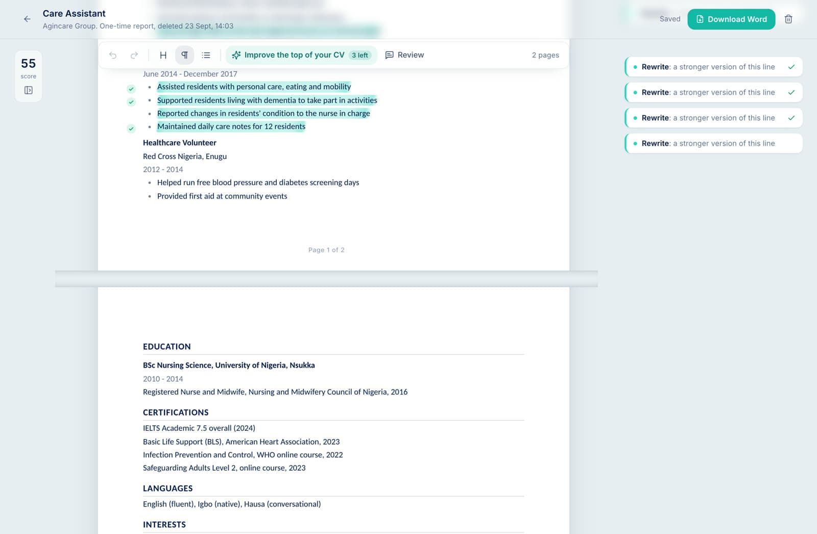 The CV editor showing the foot of page 1, the page number, and the top of page 2